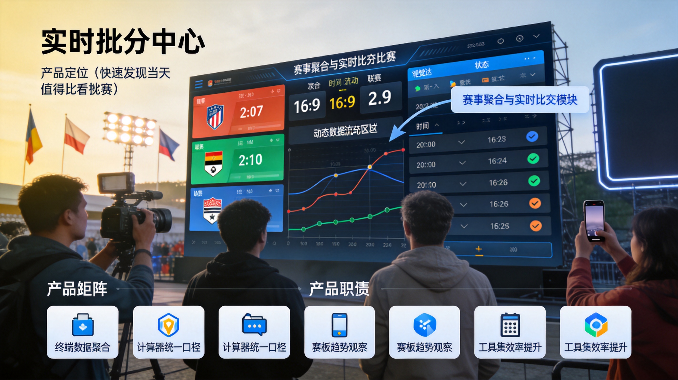 实时比分中心界面示意图，展示多场比赛的比分与比赛状态